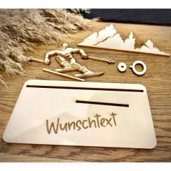 Geldscheinhalter Ski, Skifahrer, Skiurlaub, Berge, Winterurlaub, Urlaub, Geldgeschenk, Geburtstag, Geschenk, Wunschtext,