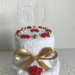 Geschenk für die Goldene Hochzeit und Geldgeschenk zum 50. Geburtstag für die Frau und den Mann mit Zahl Handtuchtorte