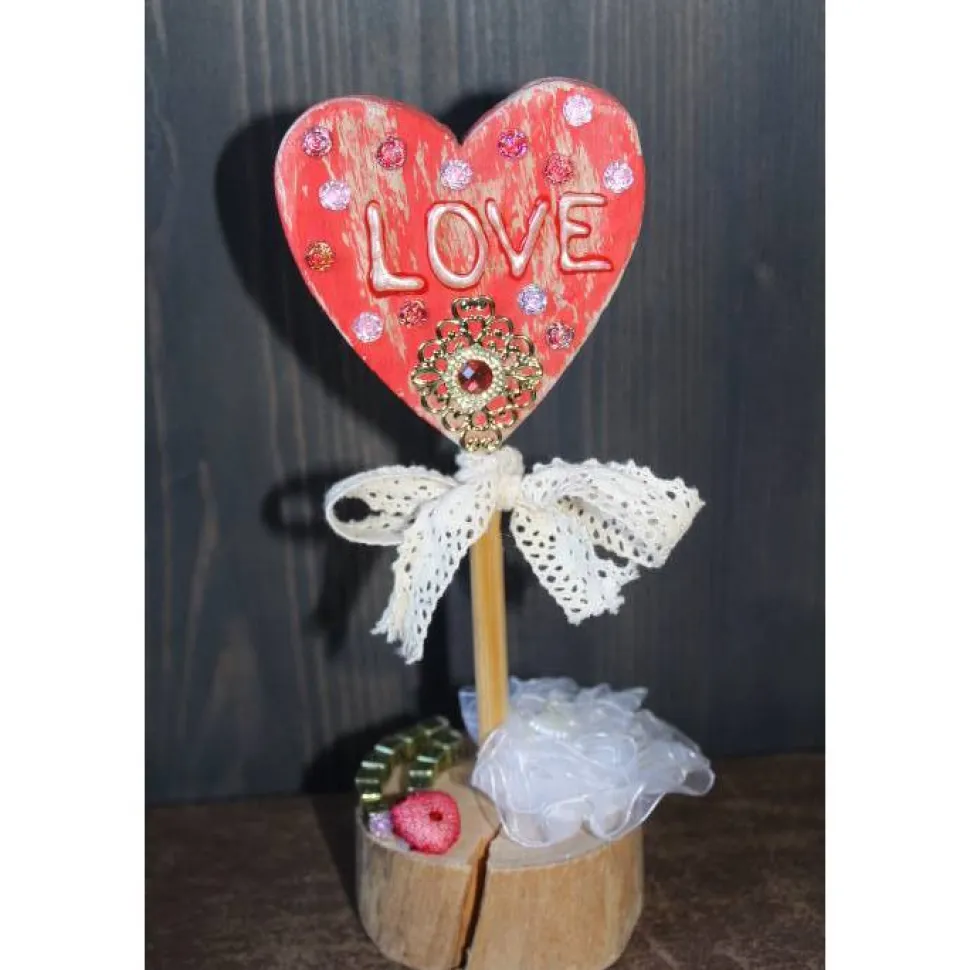 Geschenk Valentinstag HEIRATE MICH abstrakt gestalteter Herzaufsteller aus Holz m. Acrylfarbe im Shabby-Stil gestaltet