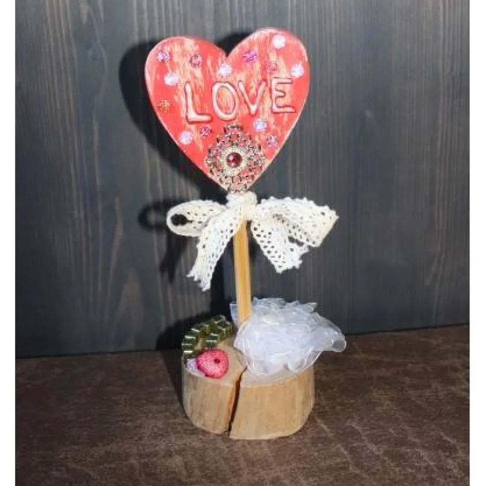 Geschenk Valentinstag HEIRATE MICH abstrakt gestalteter Herzaufsteller aus Holz m. Acrylfarbe im Shabby-Stil gestaltet