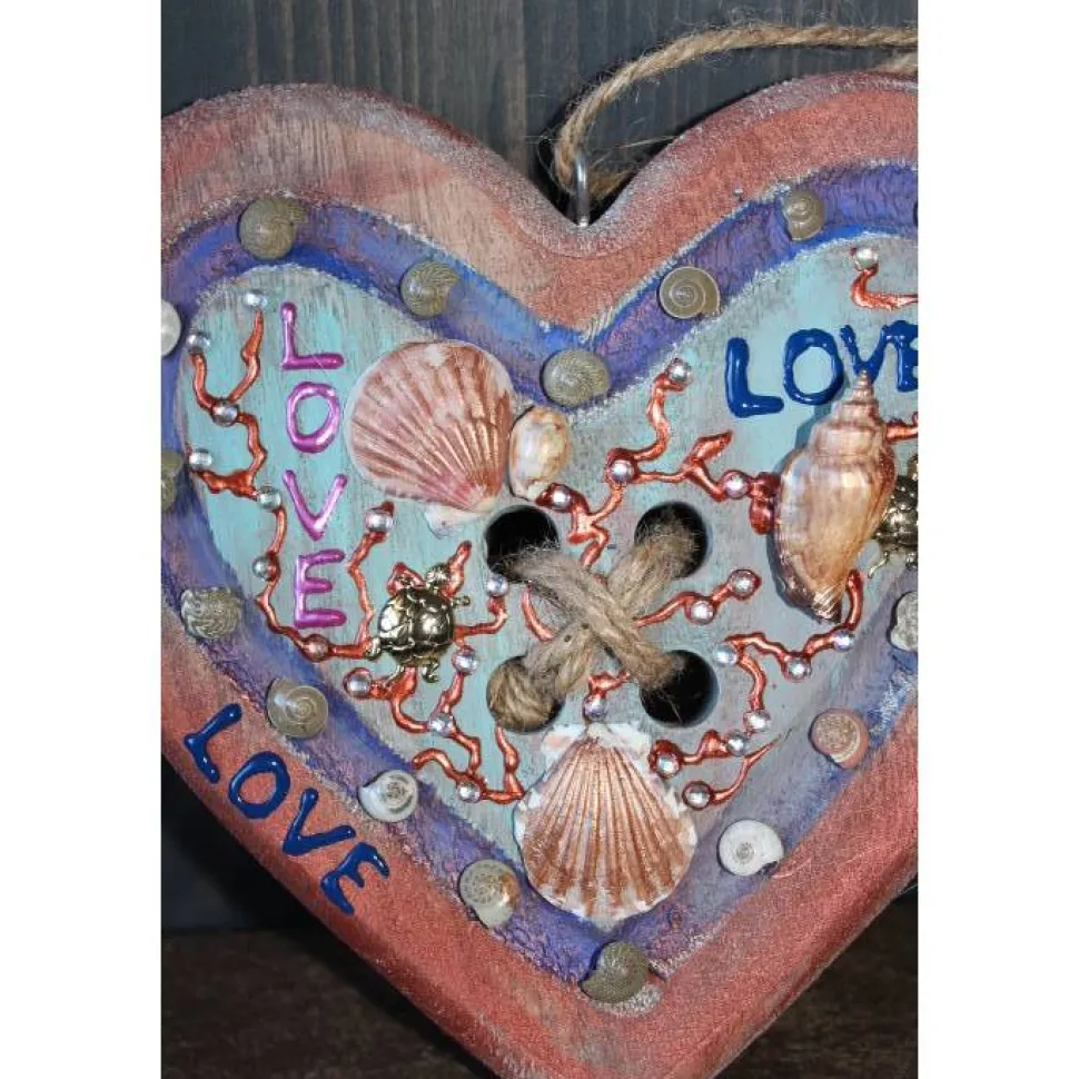 Geschenk Valentinstag LOVE abstrakt maritim gestaltetes Herz aus Holz mit Acrylfarbe im Shabby-Stil bemalt