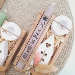 Geschenk zum Einzug | Kerzenset mit Haus/Lichthaus & Kerzenhalter rund | Einweihung, Umzug, Richtfest