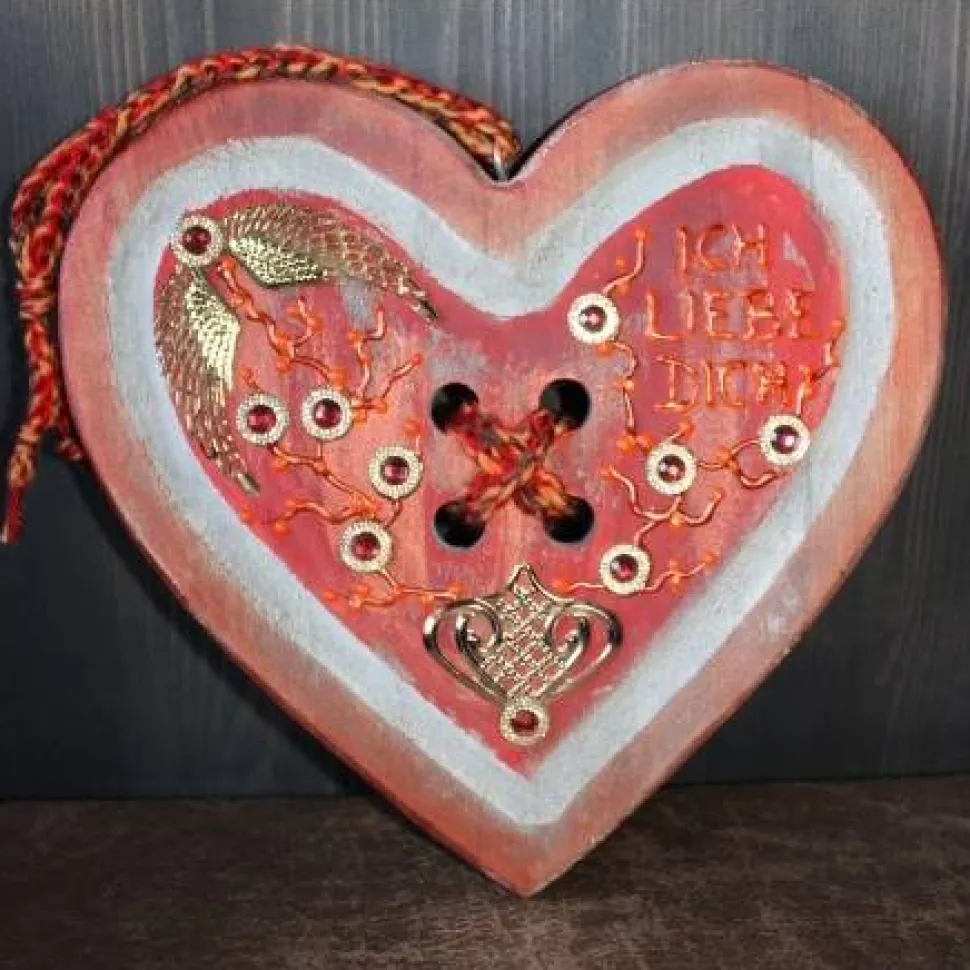 Geschenk zum Valentinstag ICH LIEBE DICH abstrakt gestaltetes Herz aus Holz mit Acrylfarbe im Shabby-Stil bemalt