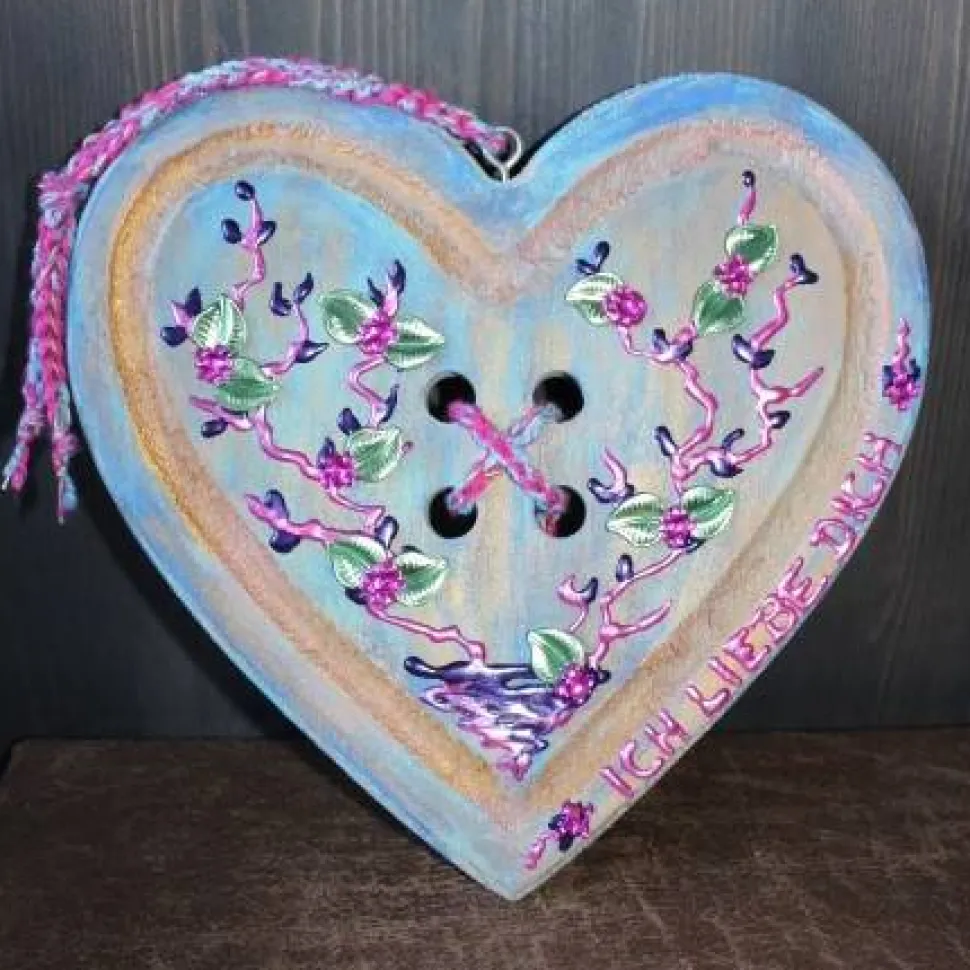 Geschenk zum Valentinstag ICH LIEBE DICH abstrakt gestaltetes Herz aus Holz mit Acrylfarbe im Shabby-Stil bemalt