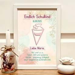 Geschenk zur Einschulung für Mädchen – Personalisiertes Geldgeschenk im Bilderrahmen mit Schultüte