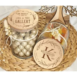 Geschenk zur Hochzeit personalisiert Namen Brautpaar Glas graviert Vorratsglas Gravur Naschglas kleine Aufmerksamkeit