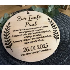Geschenk zur Taufe Taufgeschenk Schild Dekoschild Holz zum aufhängen individuell personalisierbar Lasergravur Erinnerung