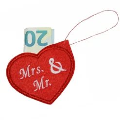 Geschenkanhänger Hochzeit Mrs. & Mr. Herz aus Filz – Roter Anhänger für Geldgeschenk & Ringe