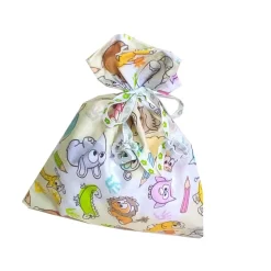 Geschenkbeutel Bunte Tiere aus Baumwolle – Geschenkverpackung, wiederverwendbar, 19x22 cm