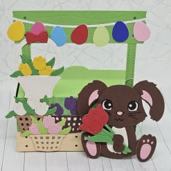 Geschenkbox Ostern | Handgefertigt | Brauner Hase & Tulpenkörbe | Box für Geld & Gutscheine | Mit abnehmbarem Anhänger