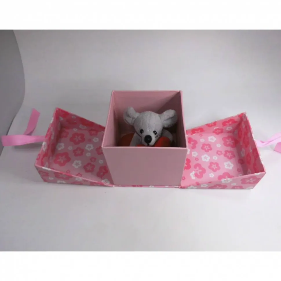 Geschenkbox Valentinstag Muttertag mit Plüschmaus auf Herz – Rosa Pop Up Box 10x10x10 cm