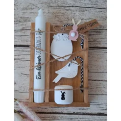 Geschenkbox zu Ostern "Ostergruß" ~ Stabkerze mit Kerzenhalter in Holzbox aus Eiche ~ Osterdeko