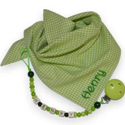 Geschenkeset Halstuch Vichykaro Schnullerkette mit Namen - Personalisiertes Geschenk mit Dreieckstuch und Babyschnullerk
