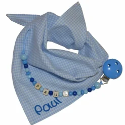 Geschenkeset Halstuch Vichykaro Schnullerkette mit Namen - Personalisiertes Geschenk mit Dreieckstuch und Babyschnullerk