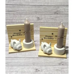 Geschenkidee zum Geburtstag „Happy Birthday“ Kerzenhalter Kerze Schweinchen Glücksschwein Schwein Raysin Holz Geschenk