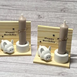Geschenkidee zum Geburtstag „Happy Birthday“ Kerzenhalter Kerze Schweinchen Glücksschwein Schwein Raysin Holz Geschenk
