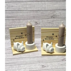 Geschenkidee zum Geburtstag „Happy Birthday“ Kerzenhalter Kerze Schweinchen Glücksschwein Schwein Raysin Holz Geschenk