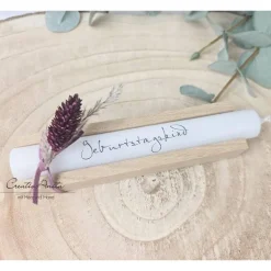 Geschenkkerzen - Stabkerze mit Spruch -Geburtstagskind- Dekoriert mit Holz