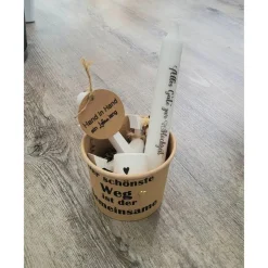 Geschenk-Set /  im Becher / Hochzeit / Kerze / Alles Gute / Hand in Hand ein Leben lang /Weiß