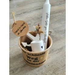 Geschenk-Set /  im Becher / Hochzeit / Kerze / Alles Gute / Hand in Hand ein Leben lang /Weiß