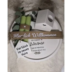 Geschenkset Einweihung, Umzug & Richtfest – Raysin Haus, Kerzen, Eukalyptus, Teller (21,5 cm)
