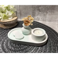 Geschenkset Geburtstag weiß-mint Dekoration Teelichthalter Vase mit Trockenblumen Herzen Dekotablett  Geschenk Handmade