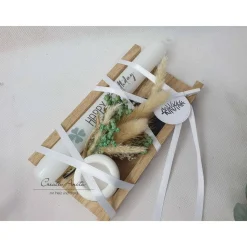 Geschenkset -Happy Birthday- mit Kerze, Kerzenständer und Trockenblumen dekoriert