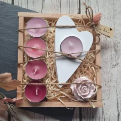 Geschenkset in einer Holzbox ~ Deko Herz mit Teelicht ~ Teelichthalter ~ Kerze und Blume