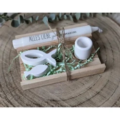 Geschenkset Kommunion, Kommunionkerze, Geschenk, Kerze mit Kerzenständer, Kerze und Fische/Schiffchen, Raysin