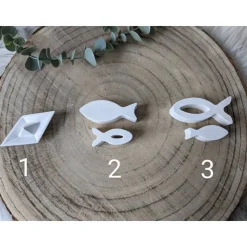 Geschenkset Kommunion, Kommunionkerze, Geschenk, Kerze mit Kerzenständer, Kerze und Fische/Schiffchen, Raysin