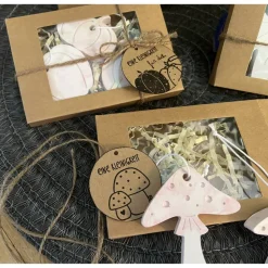 Geschenkset mit Raysin-Anhänger in Naturmotiven. Kleine Geschenke mit großer Wirkung. Blätter Pilze Kürbisse handgemacht