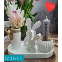 Geschenkset Ostern: Handgegossene Osterdeko mit Hase, Trockenblumen & Wunschkerze – Personalisierbar