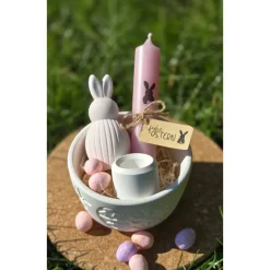 Geschenkset Osterschale ~ Schale mit Stabkerze u. Kerzenständer, Deko Hase Ostern