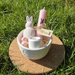 Geschenkset Osterschale ~ Schale mit Stabkerze u. Kerzenständer, Deko Hase Ostern