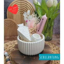 Geschenkset Schulanfang | Dekoschale mit Zuckertüte, Kerzenhalter + Kerze und Trockenblumen, personalisierbar | Schule