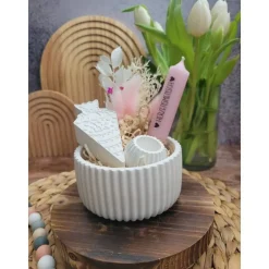 Geschenkset Schulanfang | Dekoschale mit Zuckertüte, Kerzenhalter + Kerze und Trockenblumen, personalisierbar | Schule