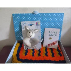 Geschenkset zur Geburt - Babydecke, Babyspielzeug und Karte