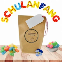 Geschenktüten-Set Schultüte Geschwistertüte Schwester vom Schulkind mit Geschenkanhänger aus Papier und Kordel in rot-we