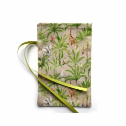 Geschenkverpackung aus Stoff beige mit Palmen und Tieren Stoffbeutel Geschenksäckchen