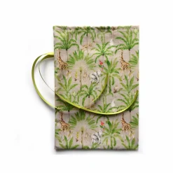 Geschenkverpackung aus Stoff beige mit Palmen und Tieren Stoffbeutel Geschenksäckchen