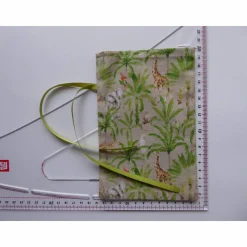 Geschenkverpackung aus Stoff beige mit Palmen und Tieren Stoffbeutel Geschenksäckchen