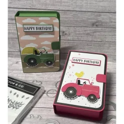 Geschenkverpackung „Happy Birthday“ Buchbox Trecker Traktor Geburtstag Geldgeschenk pink grün Handmade Stampin‘ Up!