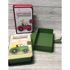 Geschenkverpackung „Happy Birthday“ Buchbox Trecker Traktor Geburtstag Geldgeschenk pink grün Handmade Stampin‘ Up!