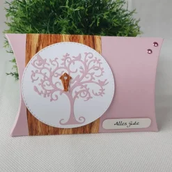 Geschenkverpackung -Pillowbox- Lebensbaum in Altrosa-Holz-Weiß