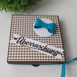 Geschenkverpackung Pizzabox Braun-Weiß-Türkis "Überraschung" - Geldgeschenk, Gutscheinverpackung