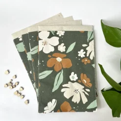 Geschenkverpackung Set FLOWERS Geschenkpapier Aufkleber Anhänger und Tüten aus Graspapier mit Blumendesign