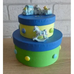 Geschenkverpackung Torte mit Eisenbahn und Schaukelpferd - blau, gelb, grün, türkis