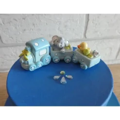 Geschenkverpackung Torte mit Eisenbahn und Schaukelpferd - blau, gelb, grün, türkis