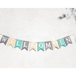 Girlande Willkommen in Pastellfarben Fashionfarben Grau Mint und Creme auf Wunsch personalisiert mit Wunschtext oder Nam