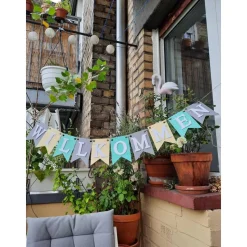 Girlande Willkommen in Pastellfarben Fashionfarben Grau Mint und Creme auf Wunsch personalisiert mit Wunschtext oder Nam